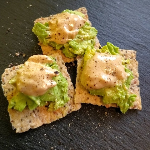 mini avocado toast snack with vegan sassy bitchin sauce