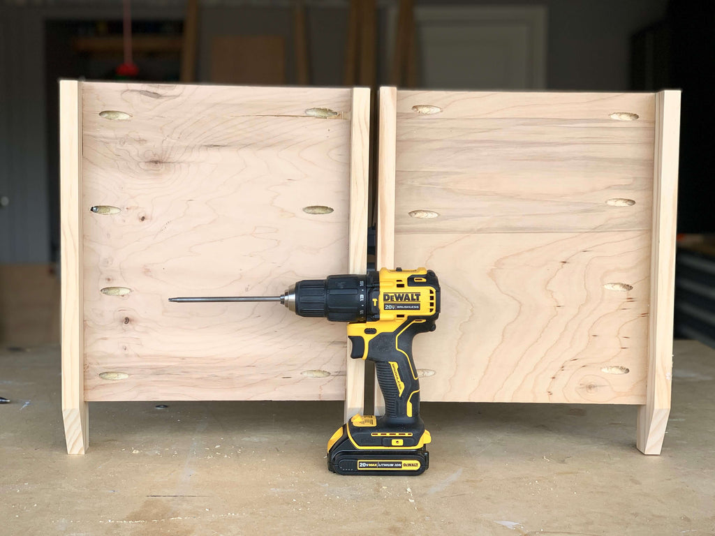 Assembled Hall Tree Bench Sides with pocket holes and a DEWALT ATOMIC 20-Volt MAX Lithium-Ion Cordless Brushless 1/2 in. Compact Hammer Drill