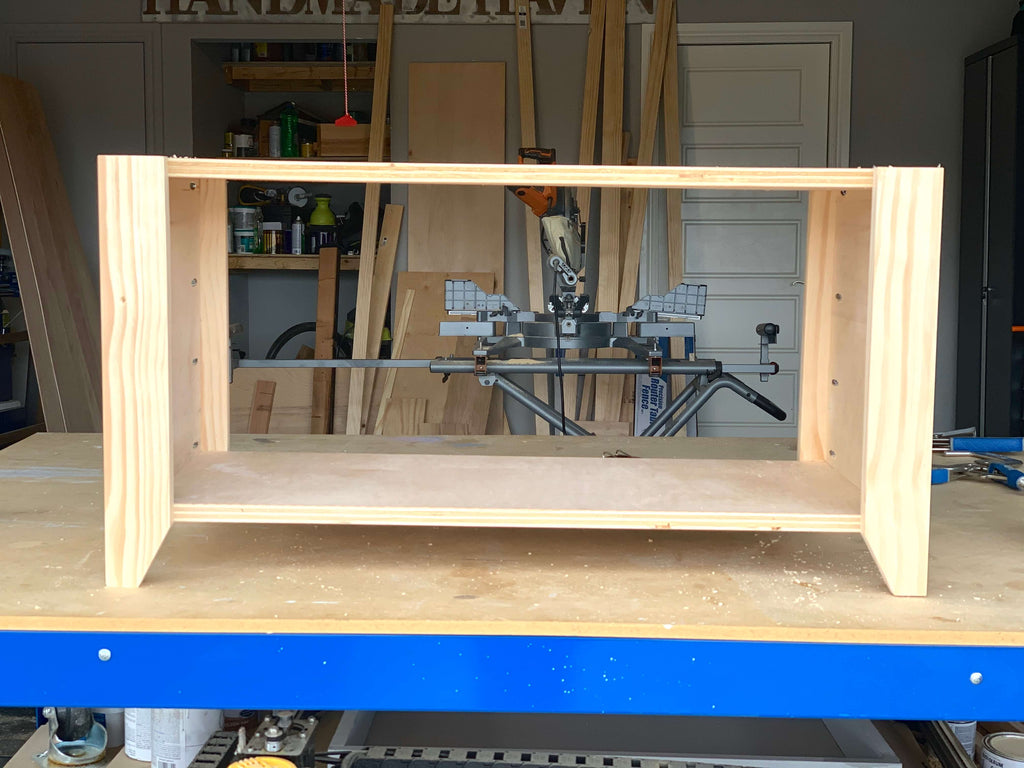 Entryway Hall Tree Bench sitting on a Kreg workbench in a wood shop