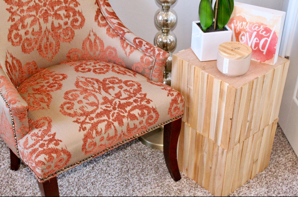 DIY Modern Shim Side Table for the home living room using cedar shims and oak