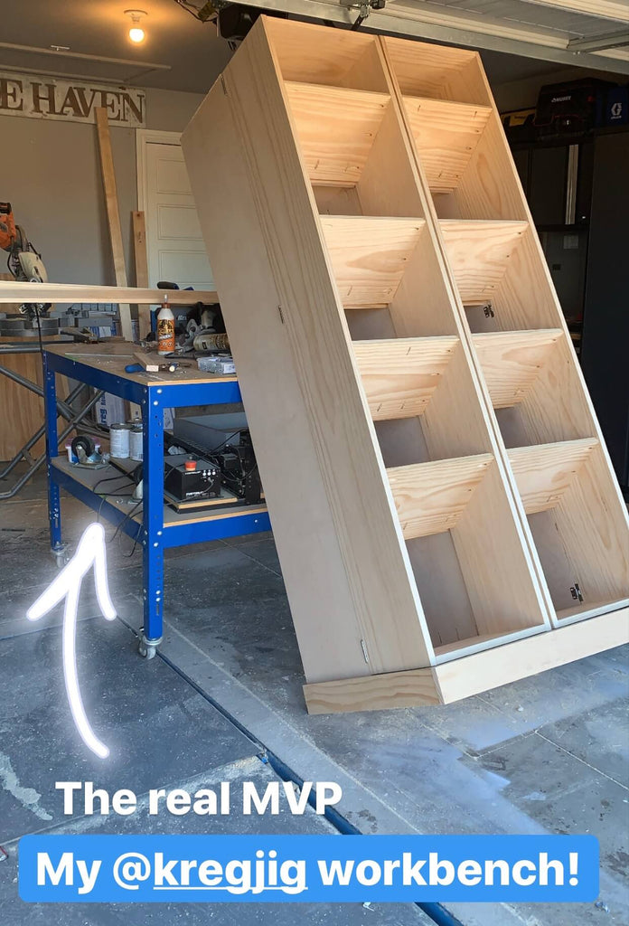 DIY Shoe Cabinet leaning on a Kreg Workbench 