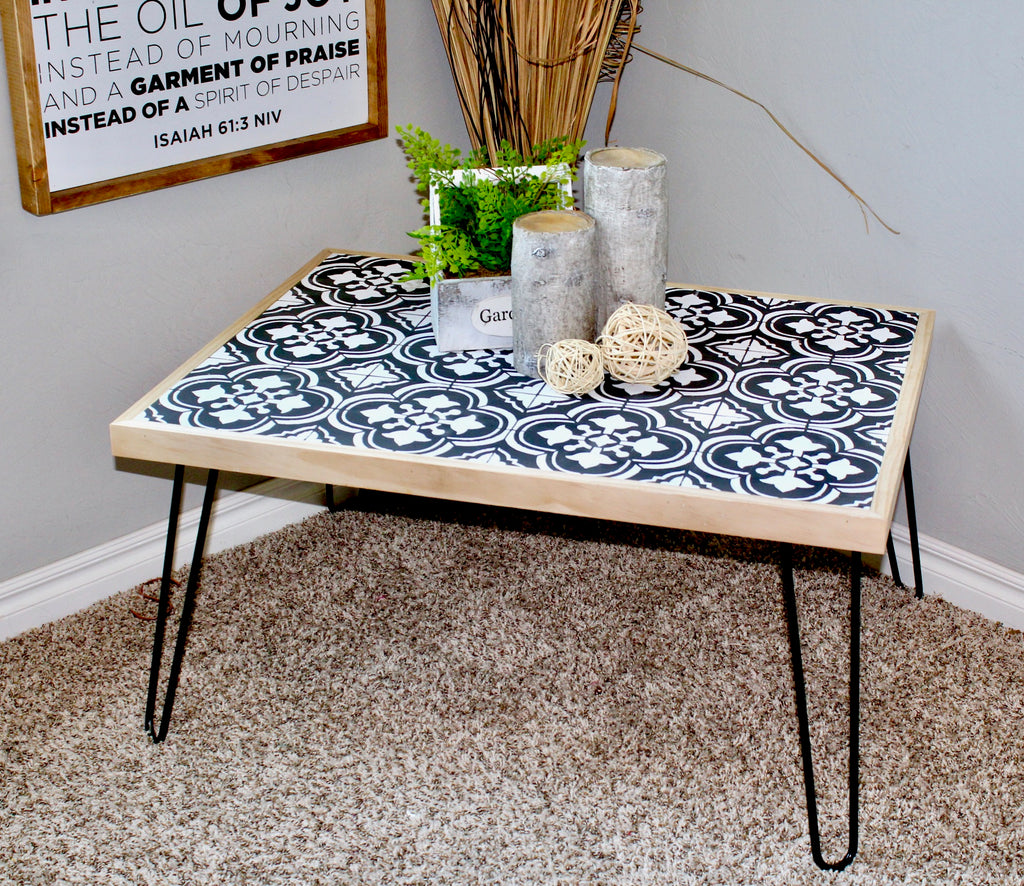 DIY Hairpin coffee Table with a tile stenciled design using chalk paint