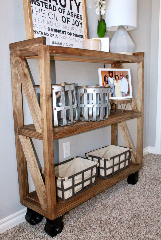 DIY industrial console cart for the home entryway featuring caster wheels
