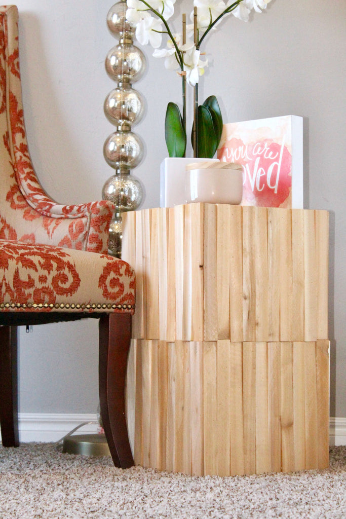 DIY Side Table featuring cedar shims for the home living room