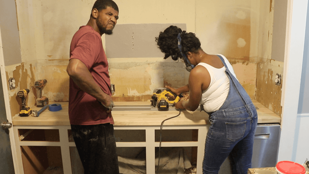 Cutting a sink hole in butcher block countertops with Dewalt track saw