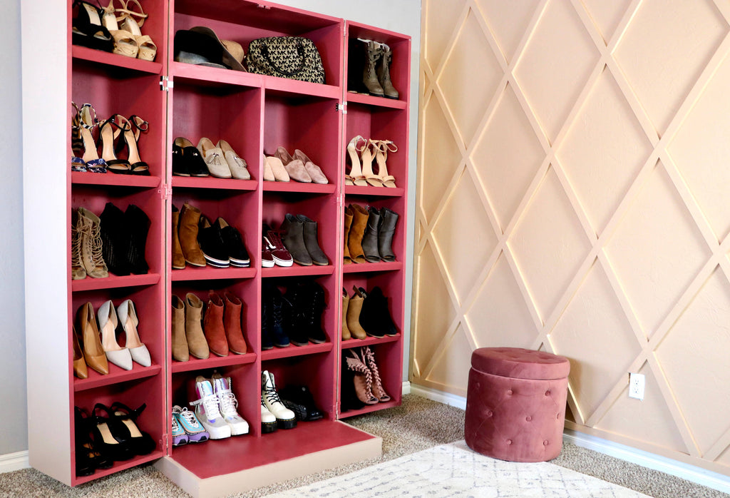 Shoe Cabinet with Folding Doors beside a paneled wall
