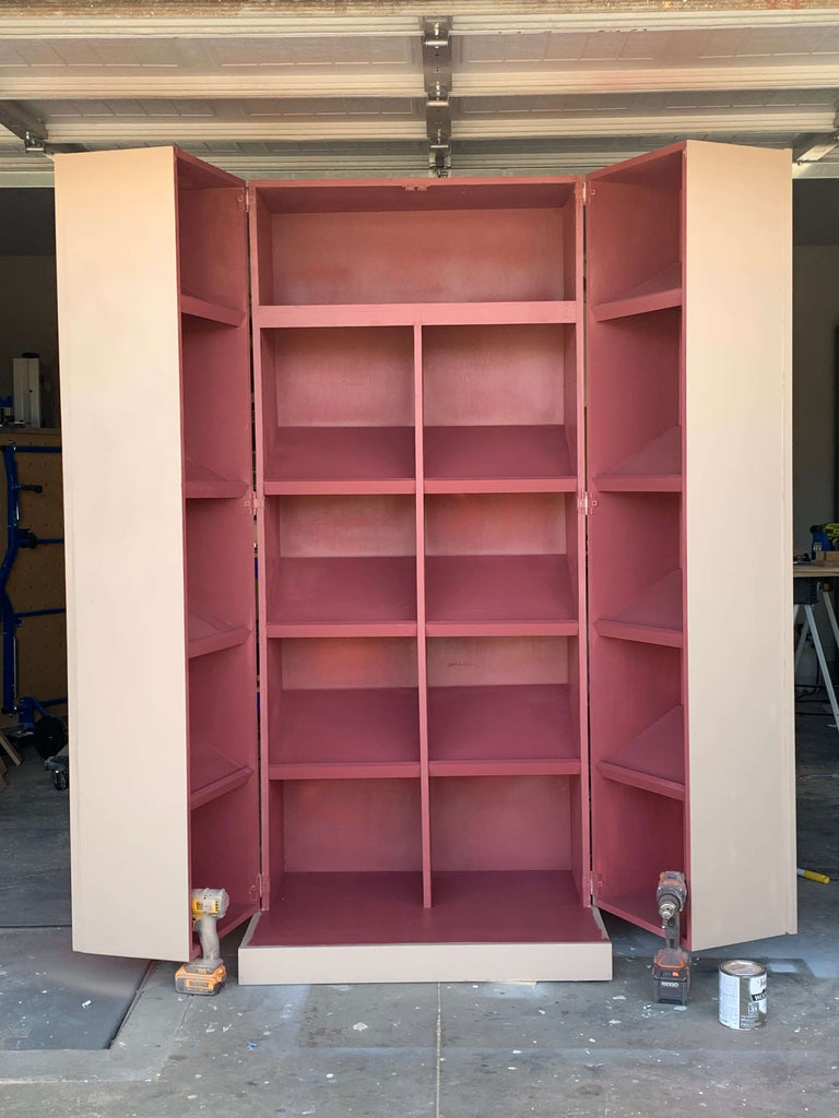 DIY Shoe Cabinet painted with Behr spiced potpourri and Behr rugged tan