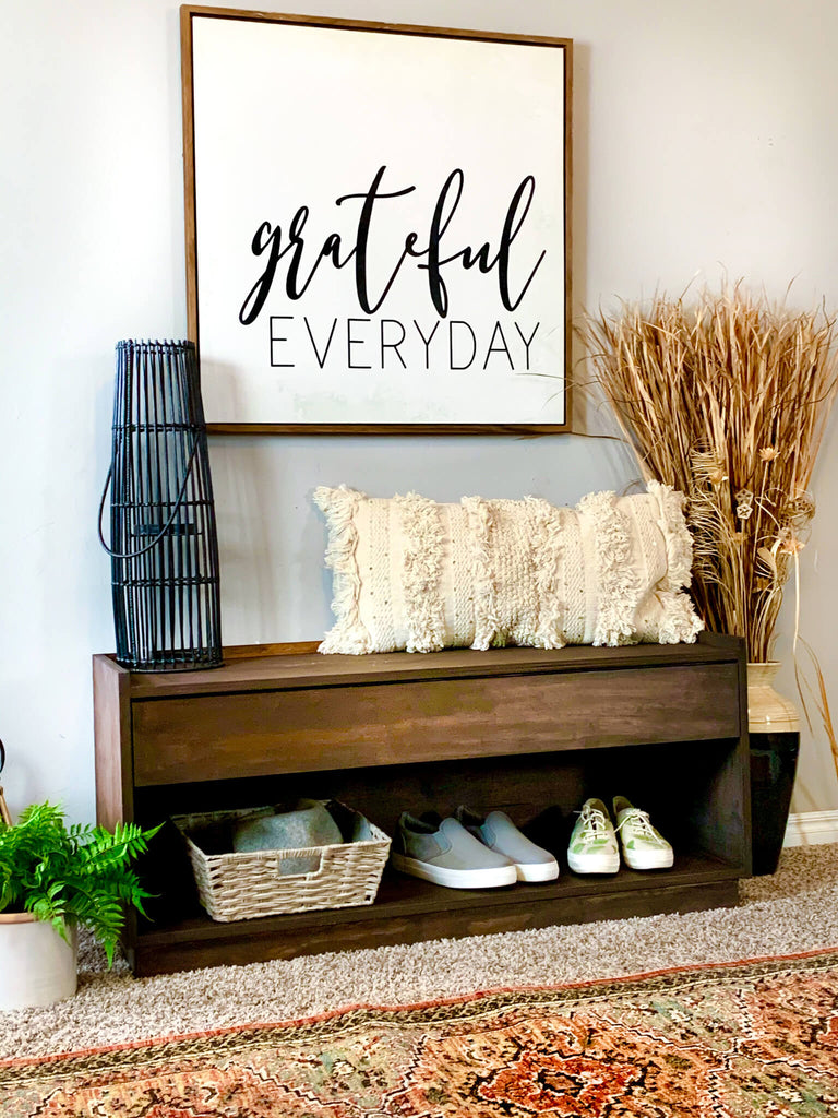 DIy Storage Bench with grateful home decor