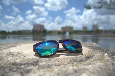 Blue polarized sunglasses with UV protection with the Lakeland, Florida skyline