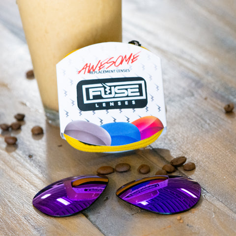Fuse Lenses purple replacement lenses with iced coffee at a coffee shop