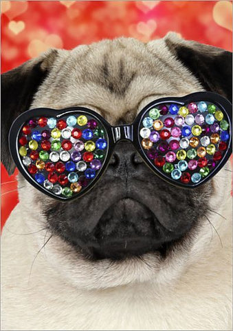 Pug wearing heart-shaped, multicolored bedazzled sunglasses.