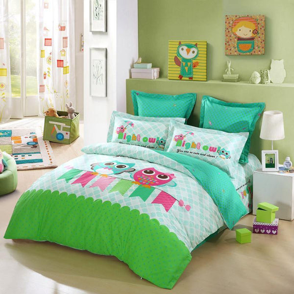 100 Cotton Cartoon Cute Owl Bedding Set 4pcs Bedclothes Bed Sheet Twi