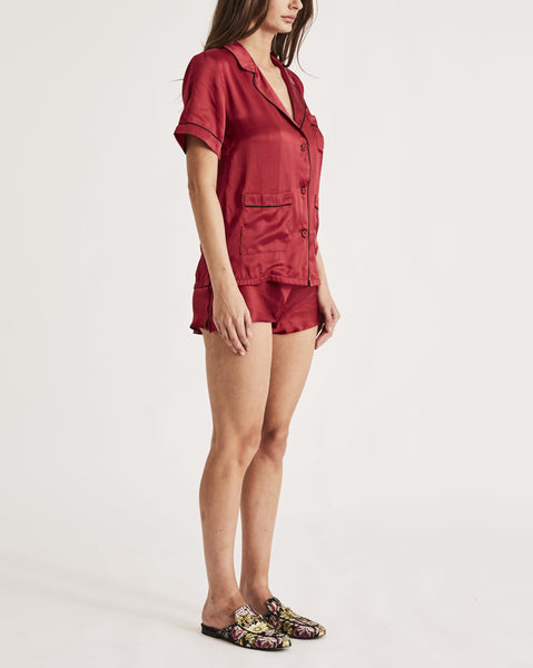 red silk pajama set