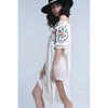 Beige off the shoulder embroidered midi dress