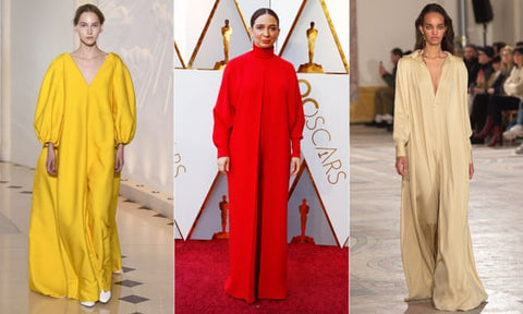 Maya Rudolph in a Valentino kaftan at the Oscars (centre). Kaftans by Emilia Wickstead (left) and Simon Porte Jacquemus (right). Composite: Getty Images