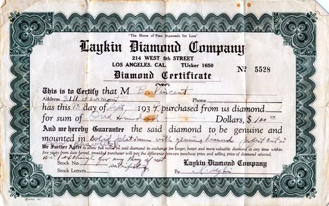 Receipt dated 13-September-1934 for a diamond ring from the Laykin Diamond Co., (predecessor to Laykin et Cie.) signed by I. Laykin. 