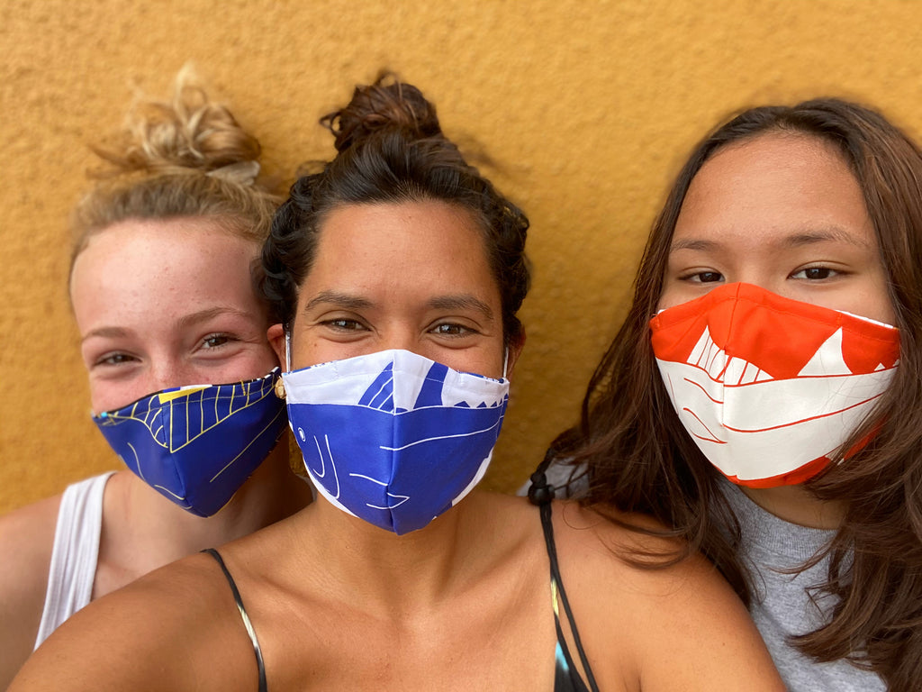 Maya Maki, Tina Henline and Lori Henline Enriquez in sundot fish flag masks