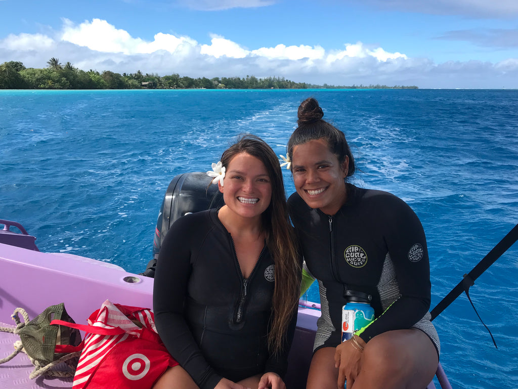 Christa and Tina surfing adventures on Huahine