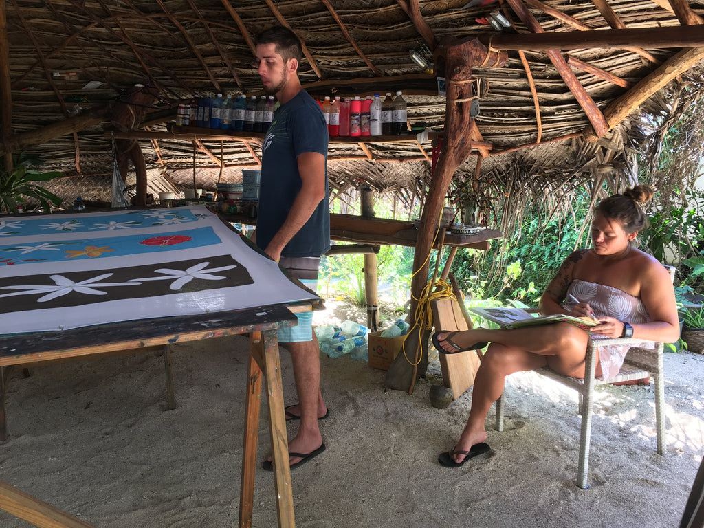 Painting pareos on Huahine with Nainoa