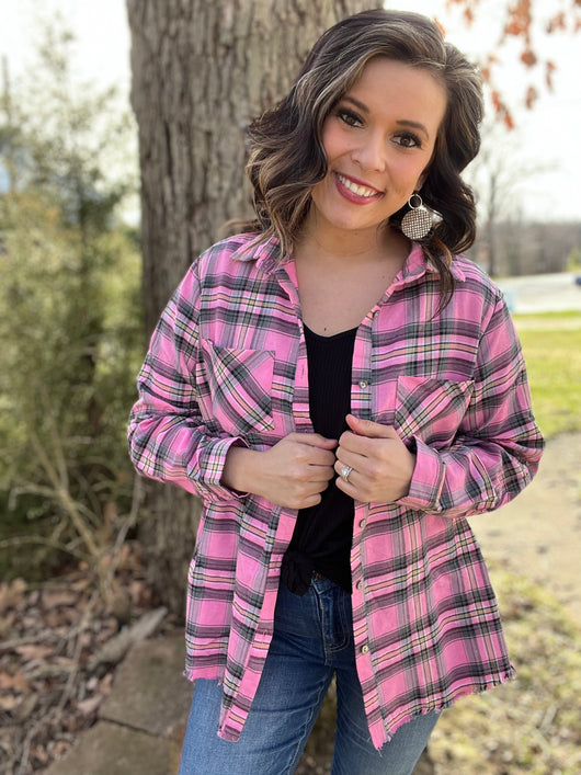 PINK PLAID BUTTON UP PLAID TOP
