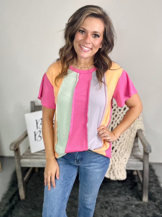 MULTI VERTICAL STRIPE TOP W/ RAW HEM