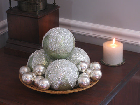 Iced Glitter Ball Ornaments in basket on its-ornamental.com