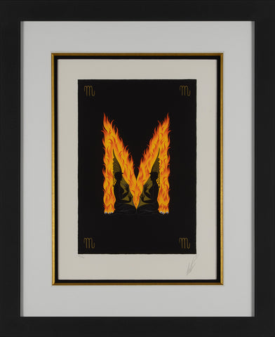 Letter M composed of Fire in a black bacgroung. Framed 