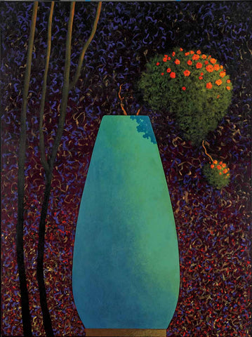 Turquoise Abstract Shaped Vase with orange flowers in the middle of a dark forest. 