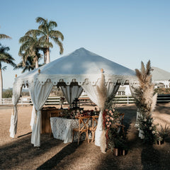 luxury wedding marquee in a bohemian rustic white styled look from exotic soirees hire gold coast