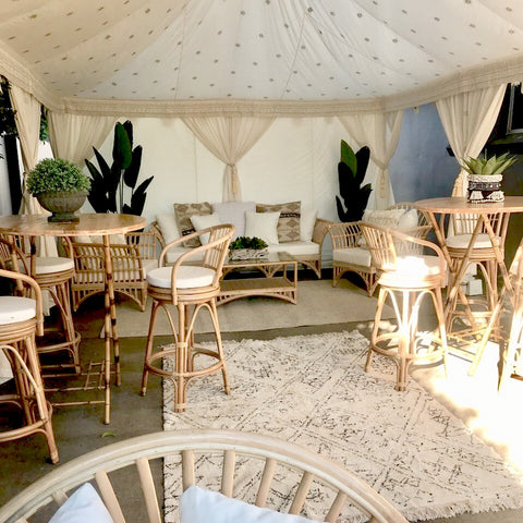 styled arabian marquee with furniture, rugs, cushions and cane ware