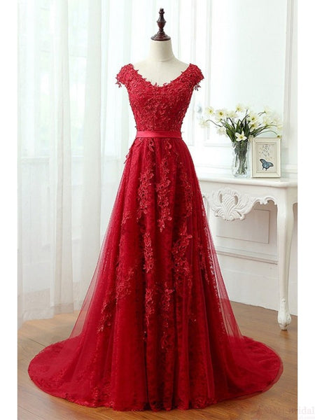 Line Red V-Neck Long Lace Prom Dresses 