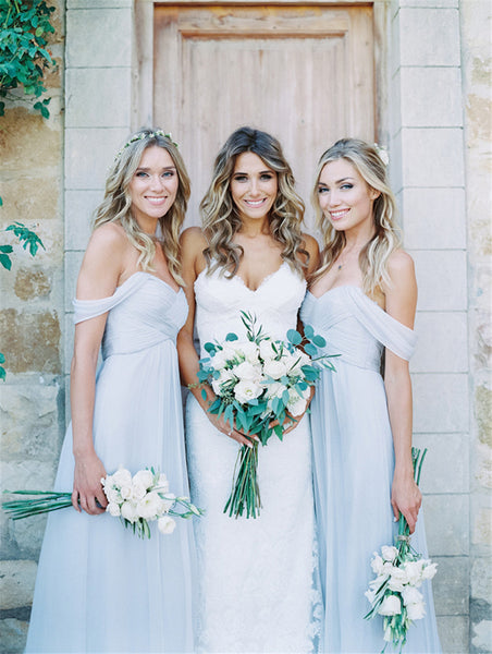 off the shoulder grey bridesmaid dresses