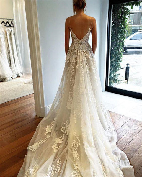 Lace Applique V Neck Gown Prom Dress White Lace Formal Evening Gowns Spaghetti Straps Lace Beach Wedding Dress