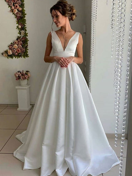A Line V Neck Pleated Satin White Long Prom Dresses Wedding Dresses W Abcprom 7260