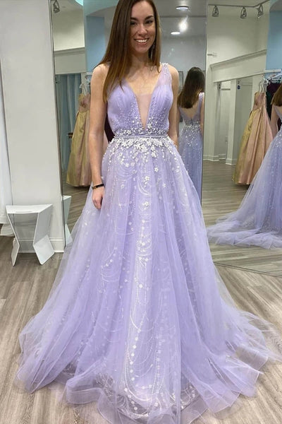 A Line V Neck Tulle Lace Appliques Long Lilac Prom Dress V Neck Lace Abcprom 