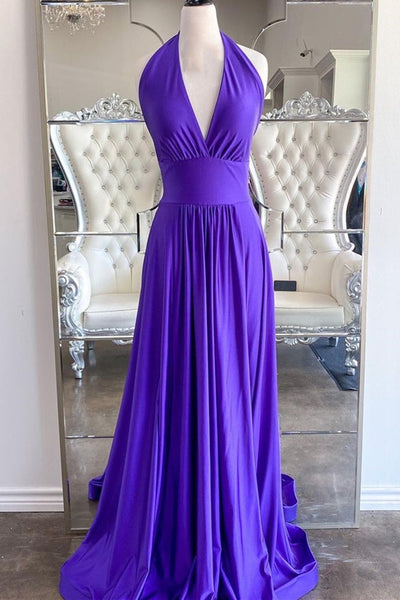 Elegant Halter Neck Backless Purple Long Prom Dress Backless Purple F Abcprom 