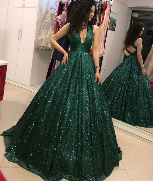 Sparkly A Line V Neck Open Back Dark Green Sequin Prom Dress Dark Gre Abcprom 2339