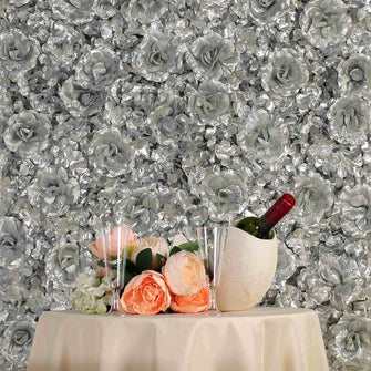 11 Sq ft. | 4 Panels 3D Silk Rose & Hydrangea Flower Wall Mat Backdrop | Metallic Silver