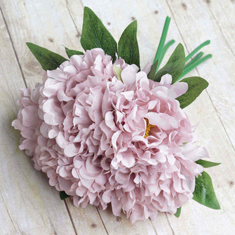 5 Flower Head Bouquet | Dusty Rose Artificial Silk Peonies Spray Bush