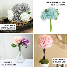5 Flower Head Bouquet | Gray/White Artificial Silk Peonies Spray Bush