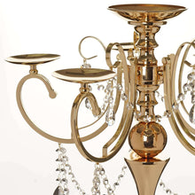 27 inch Gold Metal 5 Arm Candelabra Votive Candle Holder With Hanging Crystal Drops