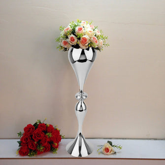 25inch Tall Shiny Silver Metal Floral Trumpet Vase Riser, Floor Flower Vase