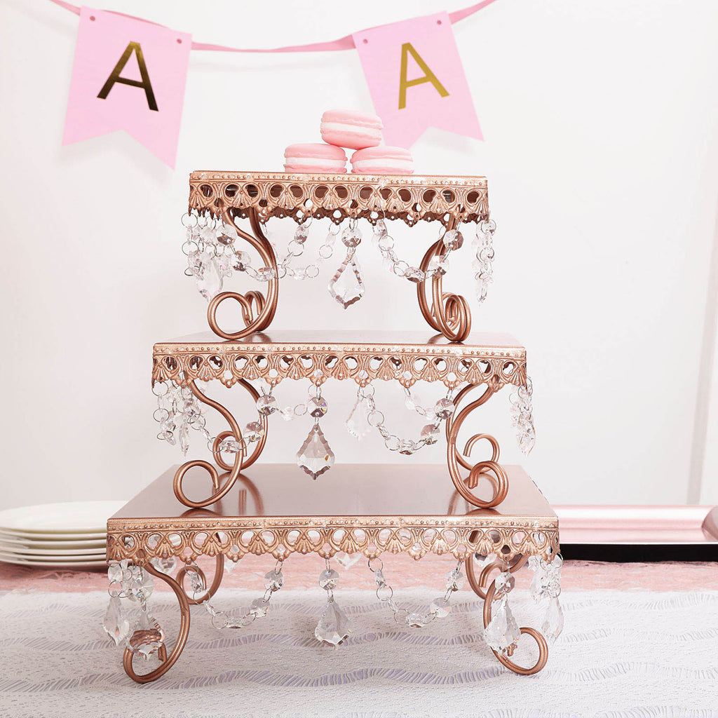 Details about   3 Tiers 15" tall ROSE GOLD Metal Rectangular Beaded Cupcake Dessert Cake Stand 