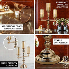 3 Arm Gold Metal Pillar Candle Stand, Votive Candelabra With Hanging Clear Crystal Pendants