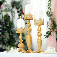 Set of 3 | Antique Gold Lace Hurricane Glass Pillar Candle Holders - 12inch/14inch/17inch