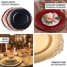 6 Pack | 13inch Gold Leaf Embossed Baroque Charger Plates, Round With Antique Gold Rim