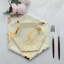 Ivory Marble Dinner Paper Plates, Disposable Plates Hexagon Shaped With Gold Foil Marble Design