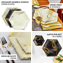 25 Pack | 12" Ivory Marble Dinner Paper Plates, Disposable Plates Hexagon Shaped With Gold Foil Marble Design - 400 GSM