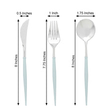 8Inch Silver Modern Flatware Set, Heavy Duty Plastic Silverware, Baby Blue Handle