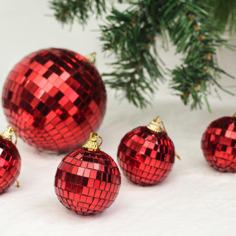 6 Pcs - 2" Red Glass Disco Mirror Ball with Hanging String - Christmas Ornaments